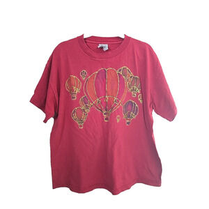 VTG Puff Paint Granny Pink Hot Air Balloon Glitter Short Sleeve Top Womans Sz XL